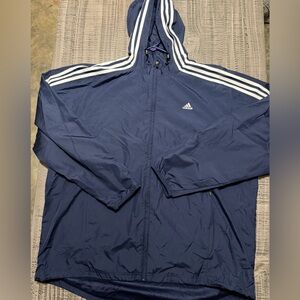 Vintage 3 Stripe adidas Navy Blue Windbreaker Jacket w White Stripes on Hoodie